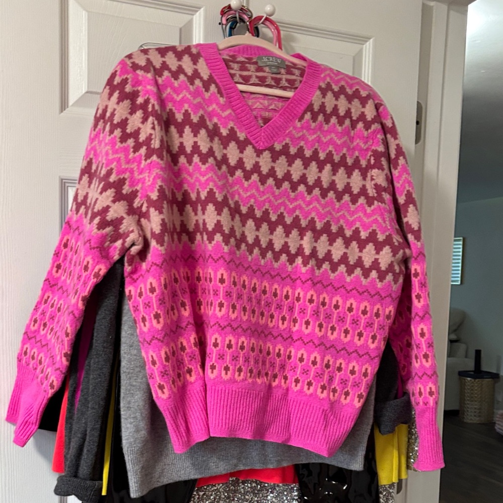 J. Crew Pink and Brown V-Neck Sweater